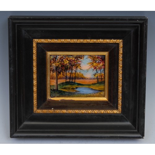 2139 - A Limoges enamel rectangular plaque, painted with a woodland pool, 7cm x 8.5cm