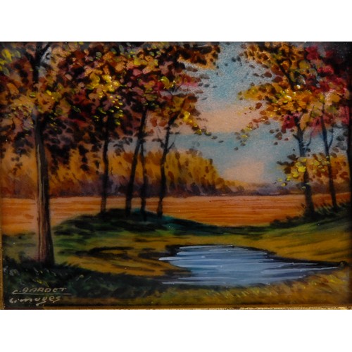 2139 - A Limoges enamel rectangular plaque, painted with a woodland pool, 7cm x 8.5cm