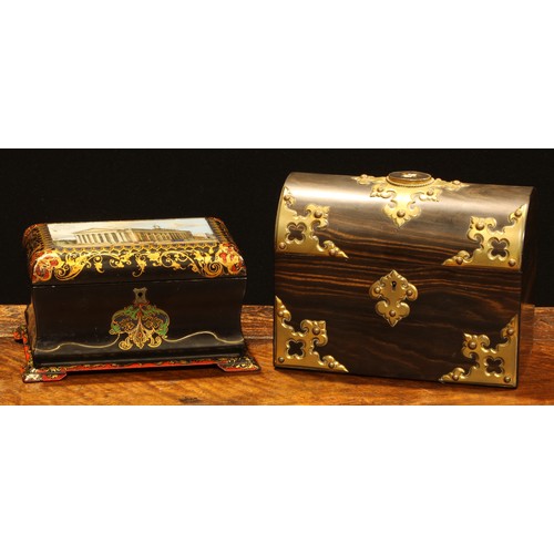 2140 - A Victorian papier-mâché bombe shaped tea caddy, hinged cover decorated with a named view of the Roy... 