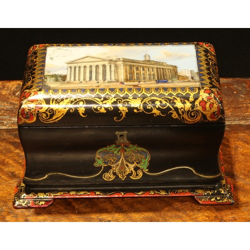 2140 - A Victorian papier-mâché bombe shaped tea caddy, hinged cover decorated with a named view of the Roy... 