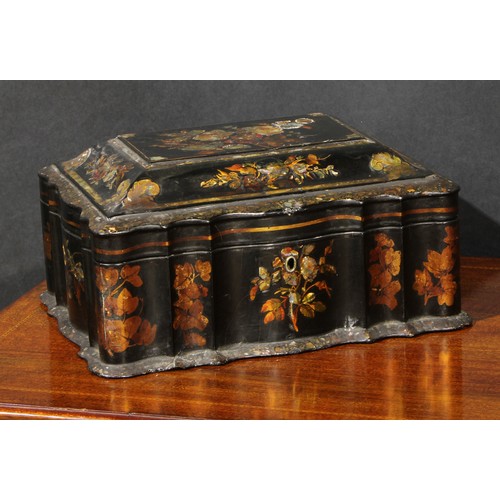 2170 - A large Victorian papier mache sarcophagus work box, hinged cover enclosing a fitted lift-out tray, ... 