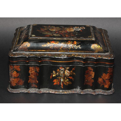 2170 - A large Victorian papier mache sarcophagus work box, hinged cover enclosing a fitted lift-out tray, ... 