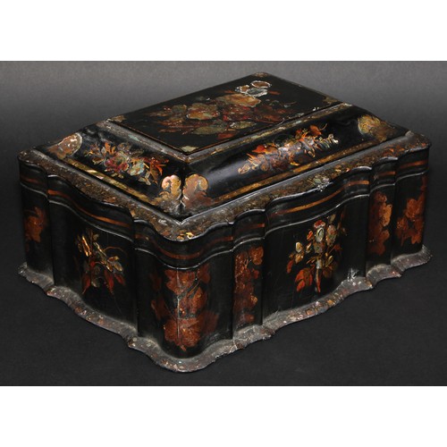 2170 - A large Victorian papier mache sarcophagus work box, hinged cover enclosing a fitted lift-out tray, ... 