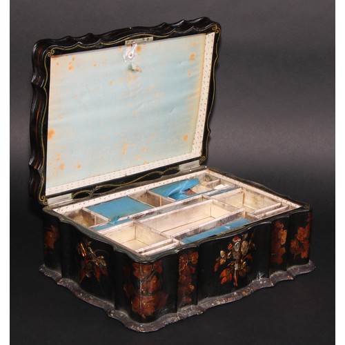 2170 - A large Victorian papier mache sarcophagus work box, hinged cover enclosing a fitted lift-out tray, ... 