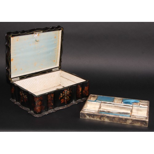 2170 - A large Victorian papier mache sarcophagus work box, hinged cover enclosing a fitted lift-out tray, ... 