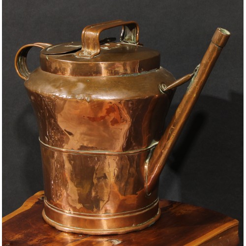 2159 - An Arts & Crafts copper watering can, hinged cover, girdled waist, 35cm high