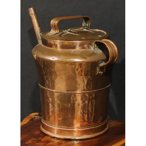 2159 - An Arts & Crafts copper watering can, hinged cover, girdled waist, 35cm high