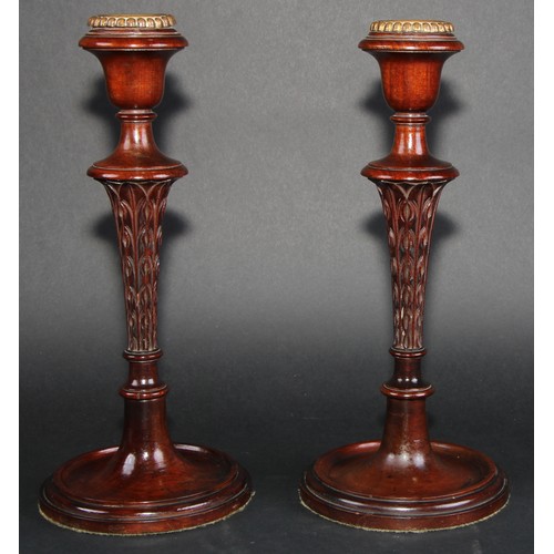 2054 - A pair of Adam Revival mahogany table candlesticks, campana sconces, carved tapered pillars, turned ... 