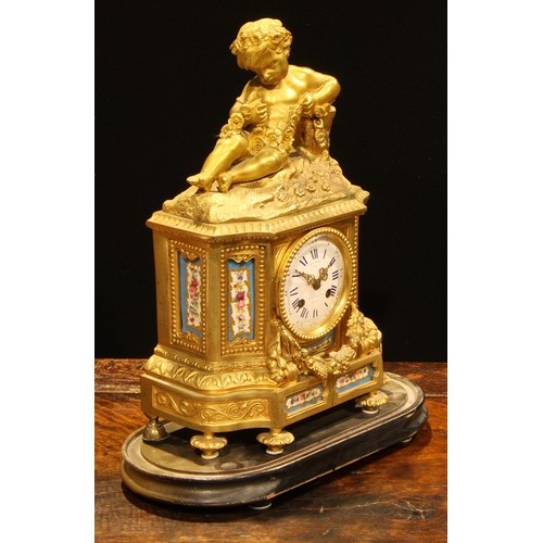 1572 - A 19th century French gilt brass mantel clock, Bleu Celeste panels, surmounted with a putto, white e... 