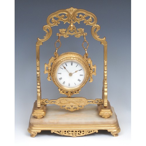 1574 - A 19th century French gilt bronze mantel timepiece, for the Chinese market, 8cm enamel clock dial in... 