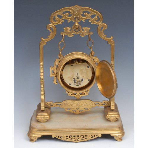 1574 - A 19th century French gilt bronze mantel timepiece, for the Chinese market, 8cm enamel clock dial in... 