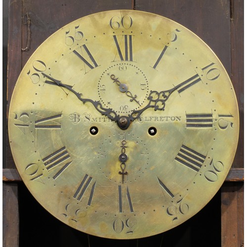 1614 - A George III Derbyshire oak longcase clock, 33.5cm circular brass dial inscribed B Smith, Alfreton, ... 