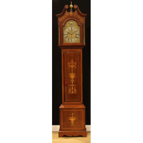 2036 - An Edwardian Sheraton Revival satinwood crossbanded mahogany and marquetry musical longcase clock, 3... 