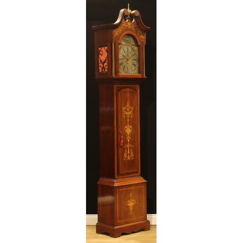 2036 - An Edwardian Sheraton Revival satinwood crossbanded mahogany and marquetry musical longcase clock, 3... 