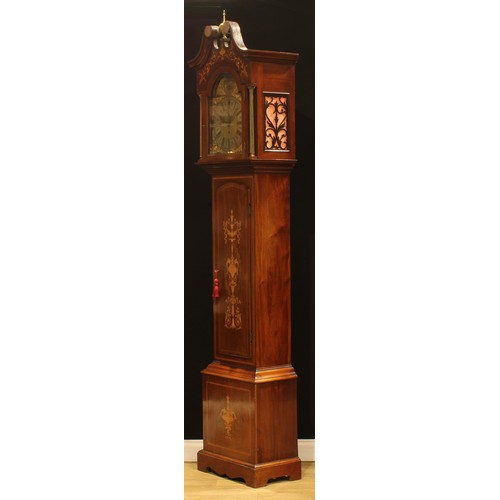 2036 - An Edwardian Sheraton Revival satinwood crossbanded mahogany and marquetry musical longcase clock, 3... 