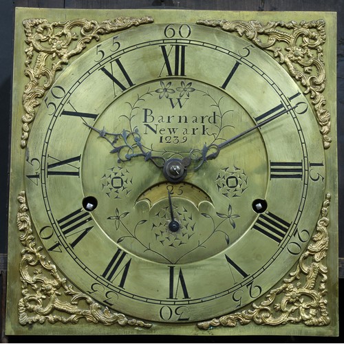 1610 - A ‘George III’ oak longcase clock, 28.5cm square brass dial inscribed W Barnard, Newark, 1239, Roman... 