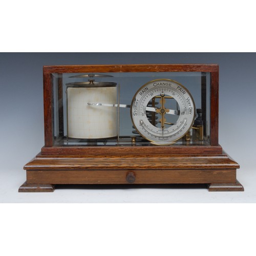 2064 - A late Victorian oak barograph, 11cm silvered  barometer dial with mercury thermometer, Capt. O.M. W... 