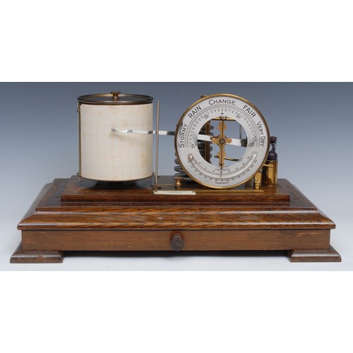 2064 - A late Victorian oak barograph, 11cm silvered  barometer dial with mercury thermometer, Capt. O.M. W... 