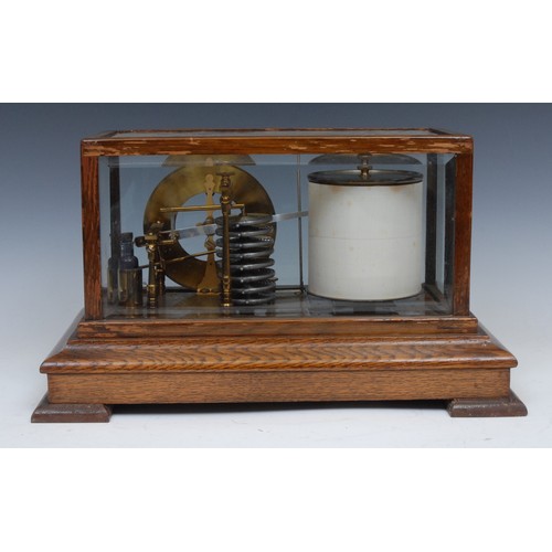 2064 - A late Victorian oak barograph, 11cm silvered  barometer dial with mercury thermometer, Capt. O.M. W... 