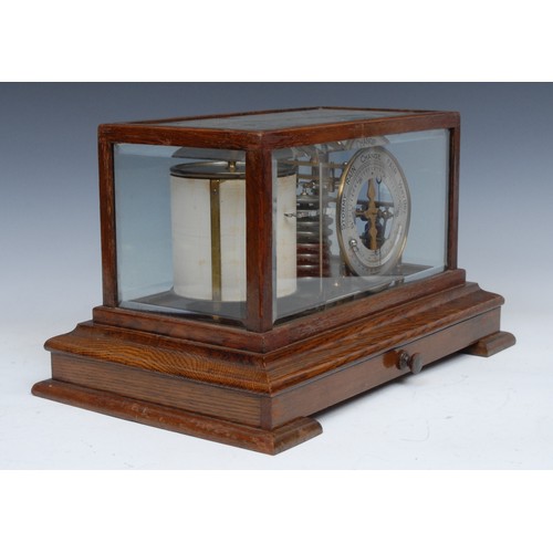 2064 - A late Victorian oak barograph, 11cm silvered  barometer dial with mercury thermometer, Capt. O.M. W... 