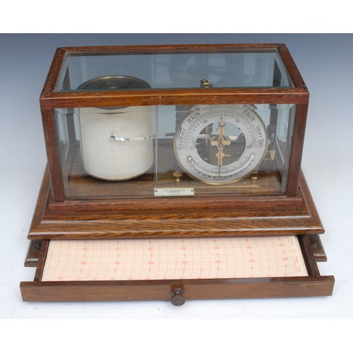 2064 - A late Victorian oak barograph, 11cm silvered  barometer dial with mercury thermometer, Capt. O.M. W... 