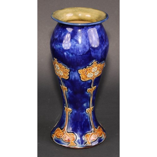11 - A pair of Art Nouveau Royal Doulton stoneware vases, by Maud Bowden, flocculated cobalt blue ground ... 