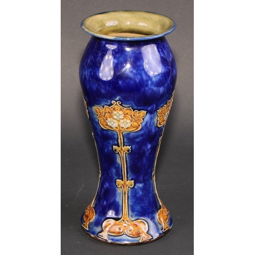 11 - A pair of Art Nouveau Royal Doulton stoneware vases, by Maud Bowden, flocculated cobalt blue ground ... 