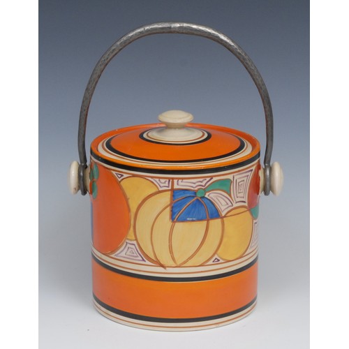 7 - A Clarice Cliff Melon pattern biscuit barrel, orange ground, pewter swing handle, printed mark, 17cm... 