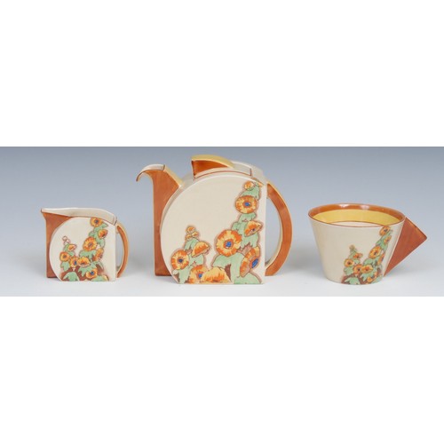 8 - A Clarice Cliff Sunshine pattern breakfast tea service, comprising teapot, milk jug and cup, printed... 