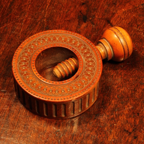 1154 - Nutcrackers - an early 19th century boxwood ring shaped screw-action pocket nut cracker, engine turn... 