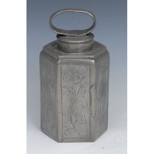 2057 - An 18th century Dutch pewter hexagonal tea caddy, wriggle-work engraved with gamekeeper and dairy ha... 