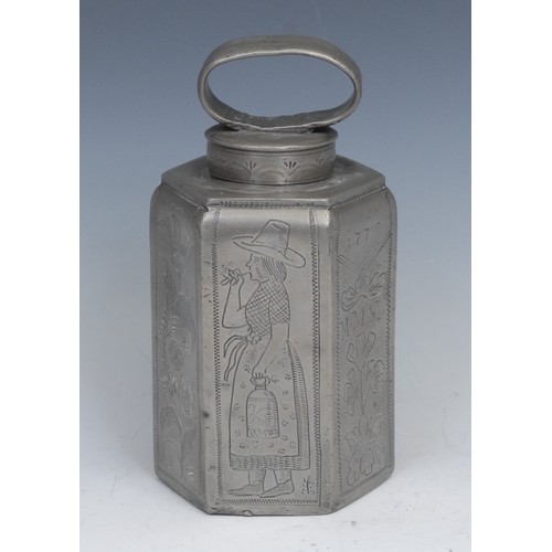 2057 - An 18th century Dutch pewter hexagonal tea caddy, wriggle-work engraved with gamekeeper and dairy ha... 