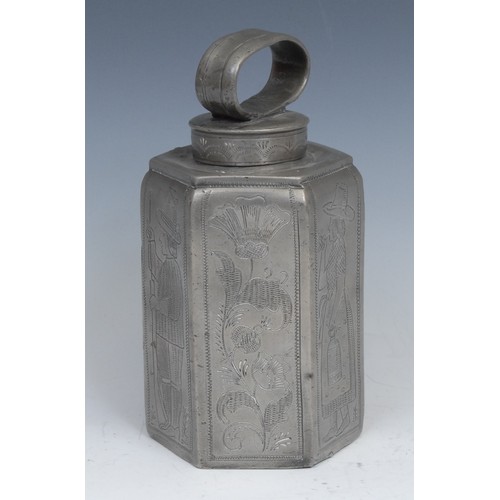 2057 - An 18th century Dutch pewter hexagonal tea caddy, wriggle-work engraved with gamekeeper and dairy ha... 