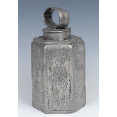 2057 - An 18th century Dutch pewter hexagonal tea caddy, wriggle-work engraved with gamekeeper and dairy ha... 