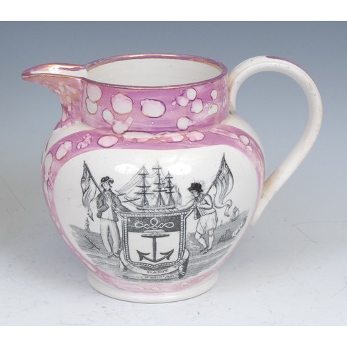 28A - A Sunderland lustre jug, Iron Bridge; two others smaller; a Sunderland lustre bowl, Ship Sally (4)