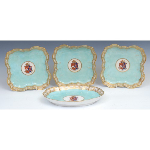 101 - A set of four Barr Flight & Barr Worcester armorial dessert dishes, comprising three shaped square a... 