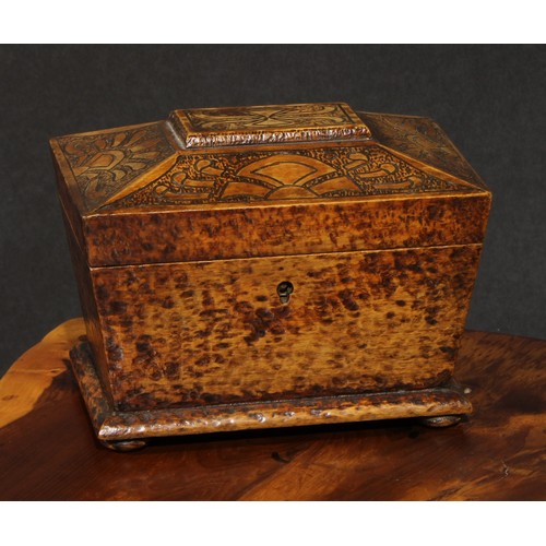 2138 - A Victorian pokerwork sarcophagus tea caddy, decorated overall with pyrography, hinged cover enclosi... 