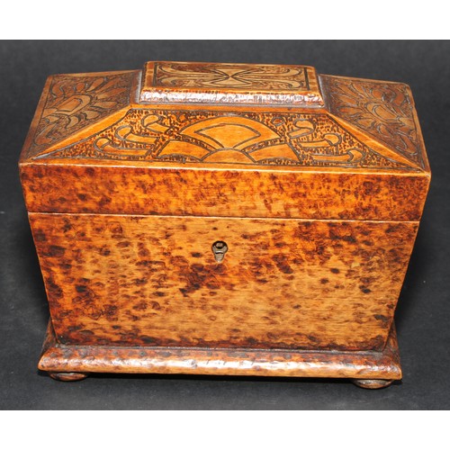 2138 - A Victorian pokerwork sarcophagus tea caddy, decorated overall with pyrography, hinged cover enclosi... 