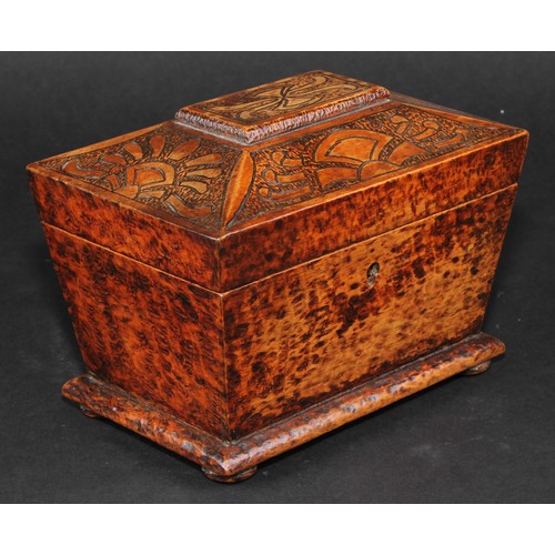 2138 - A Victorian pokerwork sarcophagus tea caddy, decorated overall with pyrography, hinged cover enclosi... 