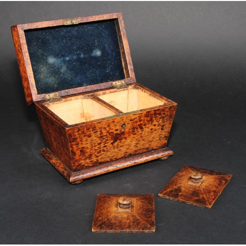 2138 - A Victorian pokerwork sarcophagus tea caddy, decorated overall with pyrography, hinged cover enclosi... 