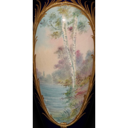 167 - A pair of French gilt metal mounted porcelain slender ovoid vases, painted in the manner of Sèvres w... 