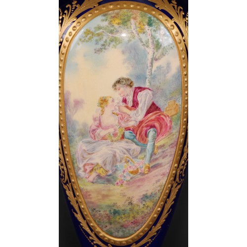 167 - A pair of French gilt metal mounted porcelain slender ovoid vases, painted in the manner of Sèvres w... 