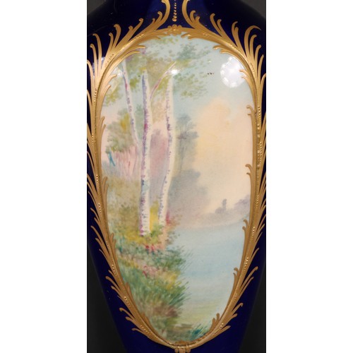 167 - A pair of French gilt metal mounted porcelain slender ovoid vases, painted in the manner of Sèvres w... 