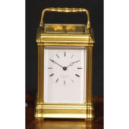 1575 - A late 19th century gilt brass repeating carriage clock, 6cm rectangular enamel dial inscribed Edwar... 