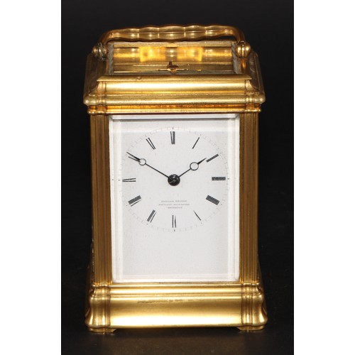 1575 - A late 19th century gilt brass repeating carriage clock, 6cm rectangular enamel dial inscribed Edwar... 