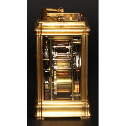 1575 - A late 19th century gilt brass repeating carriage clock, 6cm rectangular enamel dial inscribed Edwar... 