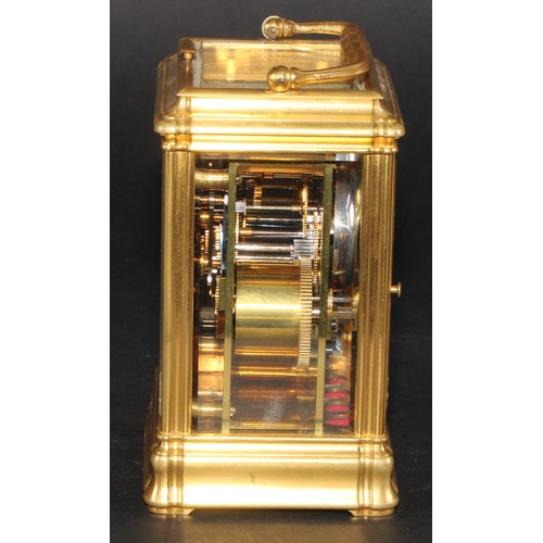 1575 - A late 19th century gilt brass repeating carriage clock, 6cm rectangular enamel dial inscribed Edwar... 