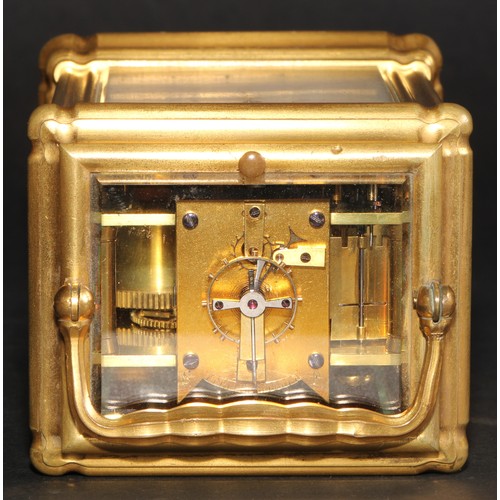 1575 - A late 19th century gilt brass repeating carriage clock, 6cm rectangular enamel dial inscribed Edwar... 