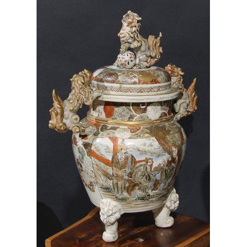 237 - A large Japanese Satsuma koro and cover, gilt and painted in the typical palette, temple lion finial... 