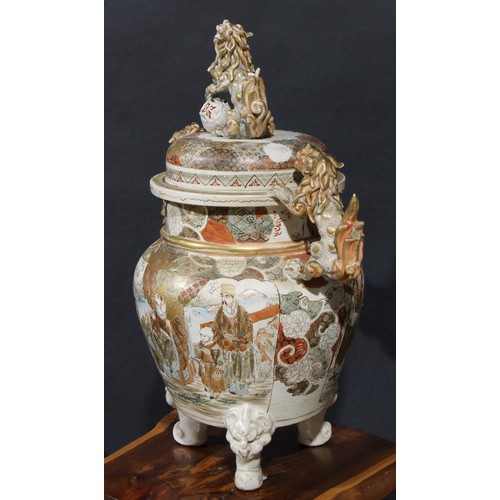 237 - A large Japanese Satsuma koro and cover, gilt and painted in the typical palette, temple lion finial... 